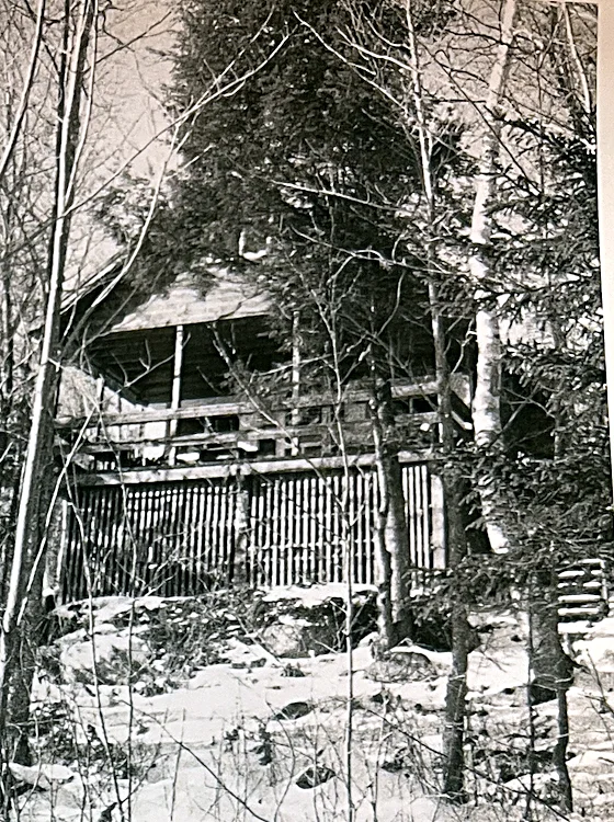 One of the earliest photos of the finished Lodge, taken in winter. The original steps ran all the way down to the water on the right, and th…